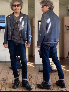 「アイテム（ライダースジャケット）」を使った、86yamaさん（メンズ・172cm）の秋コーディネート
