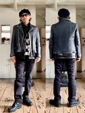 「アイテム（ライダースジャケット）」を使った、86yamaさん（メンズ・172cm）の秋コーディネート