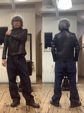 「アイテム（ライダースジャケット）」を使った、86yamaさん（メンズ・172cm）の冬コーディネート