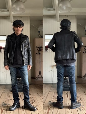 「アイテム（ライダースジャケット）」を使った、86yamaさん（メンズ・172cm）の秋コーディネート