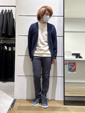 「ABAHOUSE GRAY（アバハウスグレイ）のダブルジャージ 鹿の子 ワンボタンカーディガン（Cardigans、ブルー系）」を使った、kentaさん（メンズ・165cm）の春コーディネート