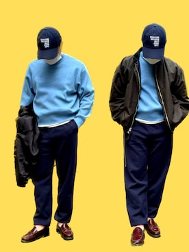 「UNIQLO（ユニクロ）のアイテム（ニット/セーター、ブルー系）」を使った、角刈りたろうさん（メンズ・165cm）の冬コーディネート