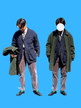 「STILL BY HAND（スティルバイハンド）のアイテム（パンツ、グレー系）」を使った、角刈りたろうさん（メンズ・165cm）の冬コーディネート