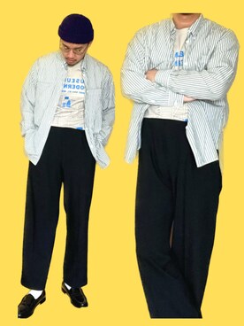 「UNIQLO（ユニクロ）のアイテム（Tシャツ/カットソー、ベージュ系）」を使った、角刈りたろうさん（メンズ・165cm）の春コーディネート