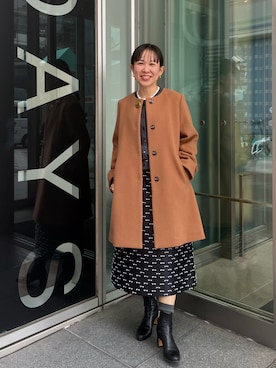 「スカートコーデ」｜「アイテム（ノーカラーコート）」を使った、ホッシーさん（レディース・155cm）の冬コーディネート