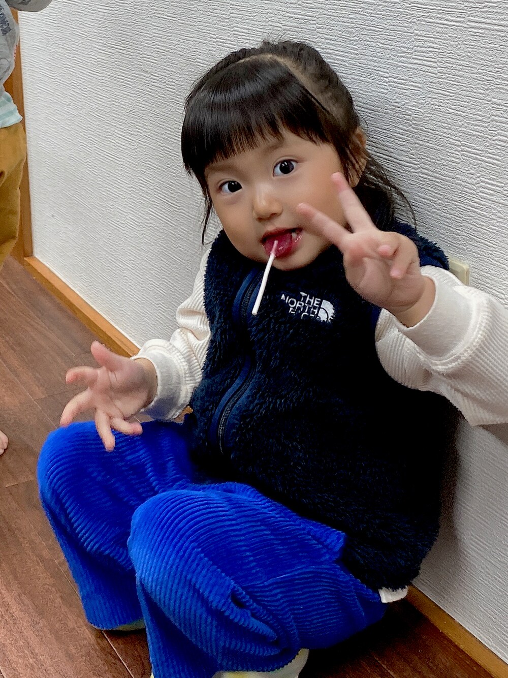 「３歳女の子」｜「THE NORTH FACEのアイテム（その他アウター、ブラック系）」を使った、kakr0804さん（キッズ・90cm）の冬コーディネートの1枚目の写真