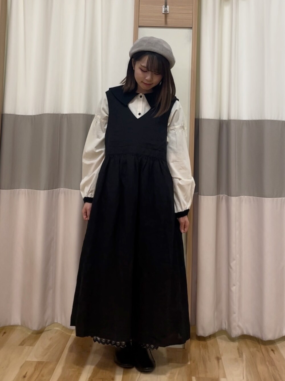 「Samansa Mos2、SM2、サマンサ モスモス(Samansa Mos2)、低身長コーデ、春コーデ、kazumiコラボ、ワンピース」｜「Samansa Mos2の配色前後2WAYブラウス（シャツ/ブラウス、ベージュ系）」を使った、ayuさん（レディース・150cm）の冬コーディネートの1枚目の写真