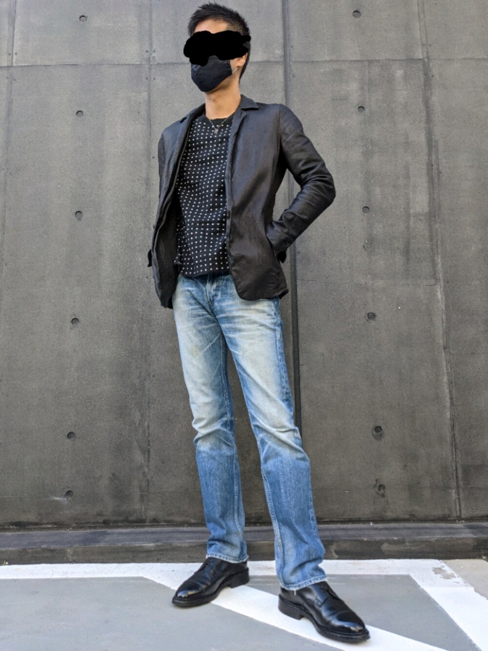 「レザージャケット、ripvanwinkle、クロケット＆ジョーンズ、crockett&jones、FOB FACTORY」｜「ripvanwinkleのアイテム（ジャケット/アウター、ブラック系）」を使った、Polarisさん（メンズ・176cm）の秋コーディネートの1枚目の写真