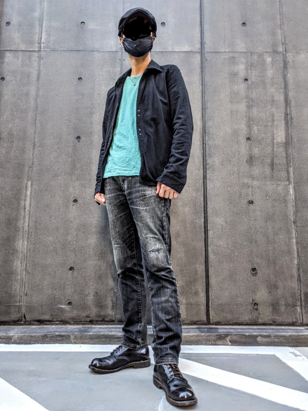 「シャツジャケット、ハンチング、レッドウィング、ワークブーツ、RED WING、wjk」｜「RED WINGのアイテム（ブーツ、ブラック系）」を使った、Polarisさん（メンズ・176cm）の夏コーディネートの1枚目の写真