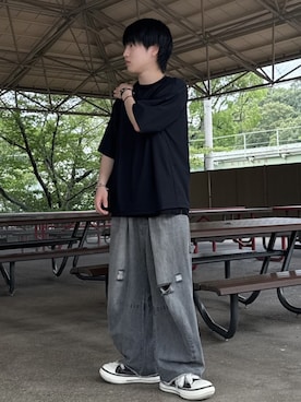 「MAISON SPECIAL（メゾンスペシャル）の《UNISEX》Comfortable Clothes Prime-Over Front-tuck T-shirt/コンフォータブルクローズプライムオーバーフロントタックTシャツ【MAISON SPECIAL/メゾンスペシャル】■セットアップ対応■（Tシャツ/カットソー、ブラック系）」を使った、Hiromuさん（メンズ・180cm）の夏コーディネート