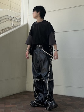 「MAISON SPECIAL（メゾンスペシャル）の《UNISEX》Artificial Leather Wide Pants/アーティフィシャルレザーワイドパンツ【MAISON SPECIAL/メゾンスペシャル】（その他パンツ、ブラック系）」を使った、Hiromuさん（メンズ・180cm）の夏コーディネート
