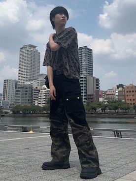 「CASPER JOHN（キャスパージョン）のCollapse T-shirts/コラプスTシャツ（Tシャツ/カットソー、ブラウン系）」を使った、Hiromuさん（メンズ・180cm）の夏コーディネート