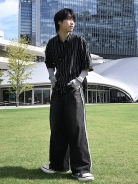 「RUUBON（ルーボン）の【RUUBON】airy half sleeve box shirt/エアリーハーフスリーブボックスシャツ（シャツ/ブラウス、ブラック系）」を使った、Hiromuさん（メンズ・180cm）の夏コーディネート