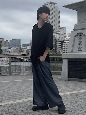 「RUUBON（ルーボン）の【RUUBON】jacquard lace half sleeve shirt / ジャガードレースハーフスリーブシャツ（シャツ/ブラウス、ブラック系）」を使った、Hiromuさん（メンズ・180cm）の夏コーディネート