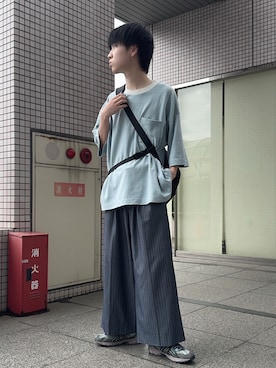 「RUUBON（ルーボン）の【RUUBON】cotton punch ringer Tee / コットンポンチリンガーT（Tシャツ/カットソー、ブルー系）」を使った、Hiromuさん（メンズ・180cm）の夏コーディネート