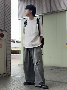 「RUUBON（ルーボン）の【RUUBON】rustic basic big Tee / ラスティック ベーシック ビッグ Tシャツ（Tシャツ/カットソー、グレー系）」を使った、Hiromuさん（メンズ・180cm）の夏コーディネート