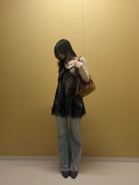 「SENSE OF PLACE by URBAN RESEARCH(センスオブプレイスバイアーバンリサーチ)のヴィンテージライクレースキャミソール(キャミソール、ブラック系)」を使った、hmyさん(レディース・159cm)の夏コーディネート