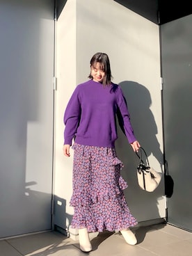 「アイテム（スカート、パープル系）」を使った、kumikoさん（レディース・165cm）の冬コーディネート
