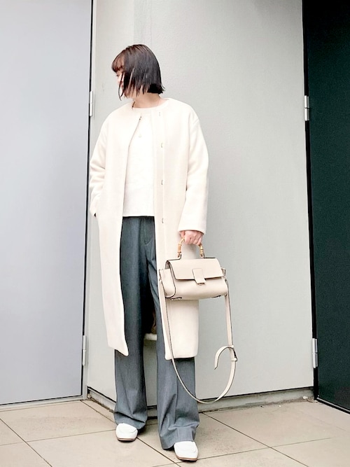 イエナ／美品❤️らくちん軽量ラムウールノーカラーコート36 モカベージュ セール】ラムウールノーカラーロングコート◇（ノーカラーコート