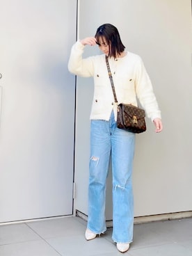 「ニットカーディガン」｜「アイテム（ノーカラージャケット）」を使った、kumikoさん（レディース・165cm）の冬コーディネート