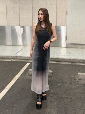 「MURUA（ムルーア）のギャザープラットフォームシューズ（サンダル、ブラック系）」を使った、横幕学美さん（レディース・153cm）の夏コーディネート