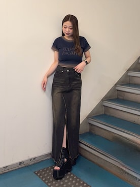 「MURUA（ムルーア）のギャザープラットフォームシューズ（サンダル、ブラック系）」を使った、横幕学美さん（レディース・153cm）の夏コーディネート