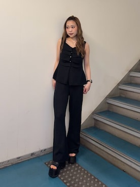 「MURUA（ムルーア）のギャザープラットフォームシューズ（サンダル、ブラック系）」を使った、横幕学美さん（レディース・153cm）の夏コーディネート