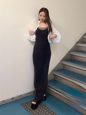 「MURUA（ムルーア）のギャザープラットフォームシューズ（サンダル、ブラック系）」を使った、横幕学美さん（レディース・153cm）の夏コーディネート