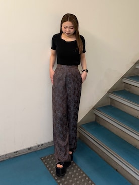 「MURUA（ムルーア）のギャザープラットフォームシューズ（サンダル、ブラック系）」を使った、横幕学美さん（レディース・153cm）の夏コーディネート