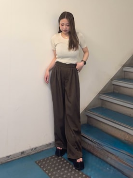 「MURUA（ムルーア）のギャザープラットフォームシューズ（サンダル、ブラック系）」を使った、横幕学美さん（レディース・153cm）の夏コーディネート