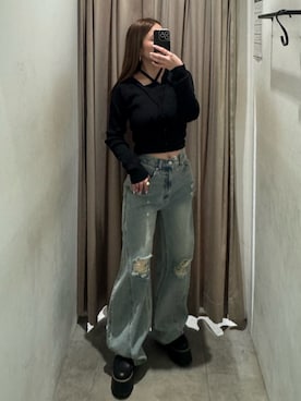 「MURUA（ムルーア）のレースアップブーツ（ブーツ、ブラック系）」を使った、横幕学美さん（レディース・153cm）の春コーディネート