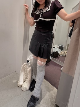「MAJESTIC LEGON（マジェスティックレゴン）のレーストリムサイドギャザートップス（Tシャツ/カットソー、ブラウン系）」を使った、tsubasa harada    さん（レディース・151cm）の夏コーディネート