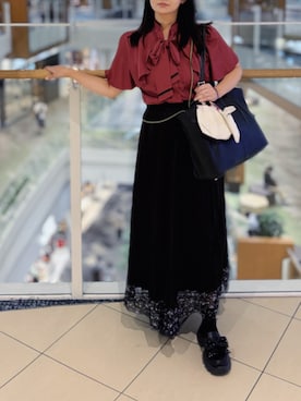 「axes femme（アクシーズファム）のリボン×フラシ半袖ブラウス（シャツ/ブラウス、レッド系）」を使った、tsubasa harada    さん（レディース・151cm）の秋コーディネート
