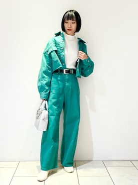 「アイテム（デニムジャケット、グリーン系）」を使った、juraさん（レディース・158cm）の春コーディネート