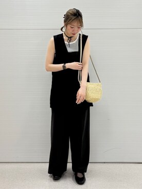 「DRESKIP（ドレスキップ）の【洗える】洗濯後しわになりにくい 麻調ダブルベスト（ベスト、ブラック系）」を使った、Juraさん（レディース・162cm）の春コーディネート