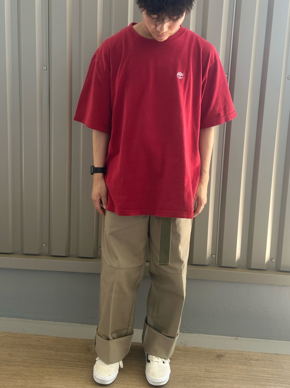 「休日スタイル、おしゃれさんと繋がりたい、ビッグシルエット、オトナカジュアル、低身長コーデ、お洒落さんとつながりたい、きれいめカジュアル、夏コーデ、プチプラ、お出かけコーデ、古着コーデ、古着MIX、いいね、save、フォローお願いします🤑、古着、レイヤードスタイル」｜「Dickiesの【Dickies/ディッキーズ】ダブルニー チノワークパンツ/TCツイル（チノパンツ、ベージュ系）」を使った、　　t3p_さん（メンズ・165cm）の夏コーディネートの1枚目の写真
