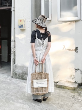 「日系极简」｜「アイテム（帽子）」を使った、Mirukuさん（レディース・160cm）の夏コーディネート