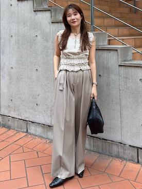 「CAPRICIEUX LE'MAGE（カプリシューレマージュ）のボーダー裾ギャザーT（Tシャツ/カットソー、ホワイト系）」を使った、mutsumi_lemageさん（レディース・164cm）の春コーディネート