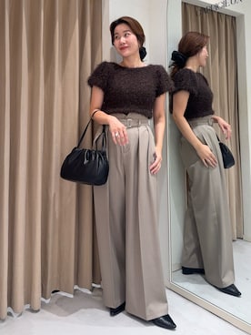 「CAPRICIEUX LE'MAGE（カプリシューレマージュ）の【前後2way】フェザーパフニット（Tシャツ/カットソー、ブラウン系）」を使った、mutsumi_lemageさん（レディース・164cm）の夏コーディネート