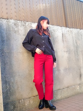 「アイテム（デニムパンツ、レッド系）」を使った、chiiiさん（レディース・158cm）の冬コーディネート