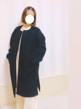 「coen（コーエン）のアイテム（ノーカラーコート）」を使った、みいこさん（レディース・148cm）の冬コーディネート