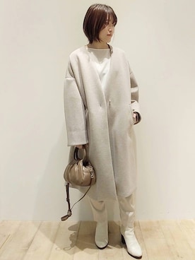 「qualite（カリテ）のダンボールニットコート（ノーカラーコート）」を使った、kanaさん（レディース・151cm）の冬コーディネート