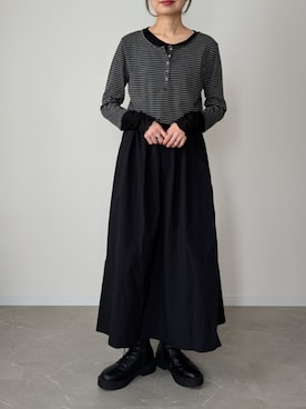 「tiptop（ティップトップ）の【ZOZO限定カラーあり】配色シアー×ヘンリーネックレイヤードロンT（Tシャツ/カットソー、グレー系）」を使った、HALさん（レディース・162cm）の秋コーディネート