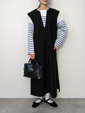 「select MOCA by son（セレクトモカバイソン）のキーネックロングベストワンピース（ワンピース）」を使った、HALさん（レディース・162cm）の冬コーディネート