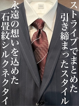 「TAKEO KIKUCHI（タケオキクチ）の【THE FLAGSHIP】石畳紋（いしだたみもん）シルクネクタイ（ネクタイ、レッド系）」を使った、Uさん（メンズ・171cm）の冬コーディネート