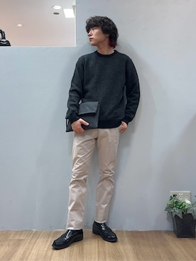 「TAKEO KIKUCHI（タケオキクチ）の【全7サイズ×7色展開！】トップマルチヘリンボン パンツ（スラックス、ベージュ系）」を使った、Uさん（メンズ・171cm）の冬コーディネート