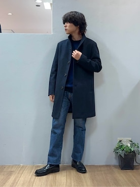 「TAKEO KIKUCHI（タケオキクチ）の【ウールカシミヤブレンド】ビーバー調 スタンドカラー コート（その他アウター、ブルー系）」を使った、Uさん（メンズ・171cm）の冬コーディネート