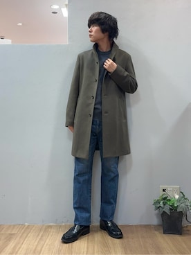 「TAKEO KIKUCHI（タケオキクチ）の【ウールカシミヤブレンド】ビーバー調 スタンドカラー コート（その他アウター、グリーン系）」を使った、Uさん（メンズ・171cm）の冬コーディネート