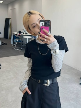 「PAGEBOY（ページボーイ）のヴィンテージバックルベルト（皮带、ブラック系）」を使った、meiさん（レディース・154cm）の春コーディネート