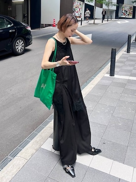 「PAGEBOY（ページボーイ）のレースドッキングイレヘムキャミワンピース（チュニック、ブラック系）」を使った、meiさん（レディース・154cm）の夏コーディネート